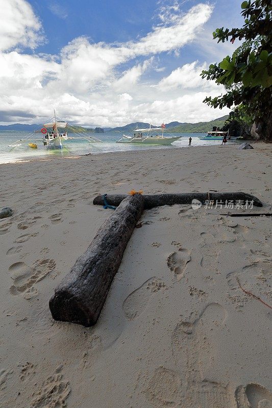 两棵棕榈树的树干在沙-库库尼翁洞海滩- el ndo - palawan - philippine -0888